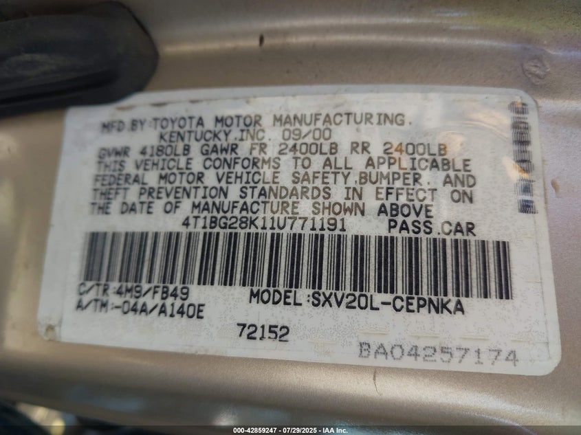 2001 Toyota Camry Le VIN: 4T1BG28K11U771191 Lot: 42859247