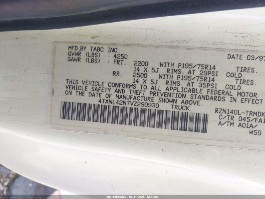 1997 Toyota Tacoma VIN: 4TANL42N7VZ290930 Lot: 42859260
