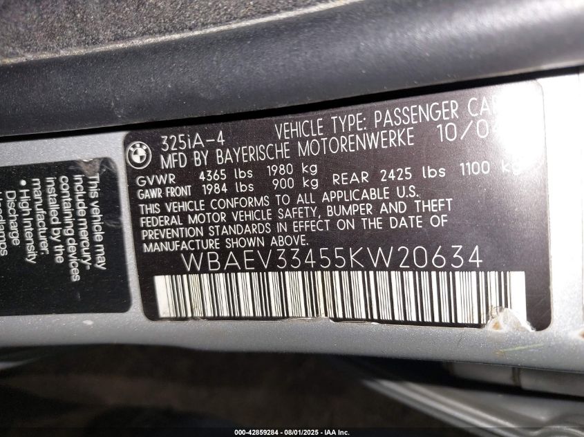2005 BMW 325I VIN: WBAEV33455KW20634 Lot: 42859284
