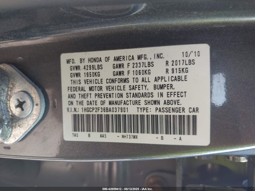 2011 Honda Accord 2.4 Lx VIN: 1HGCP2F36BA037901 Lot: 42859412