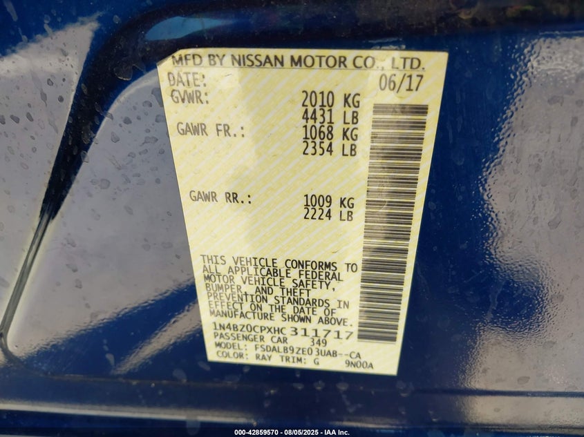 2017 Nissan Leaf S Blue Lot 111042859570 Vin 1N4BZ0CPXHC311717