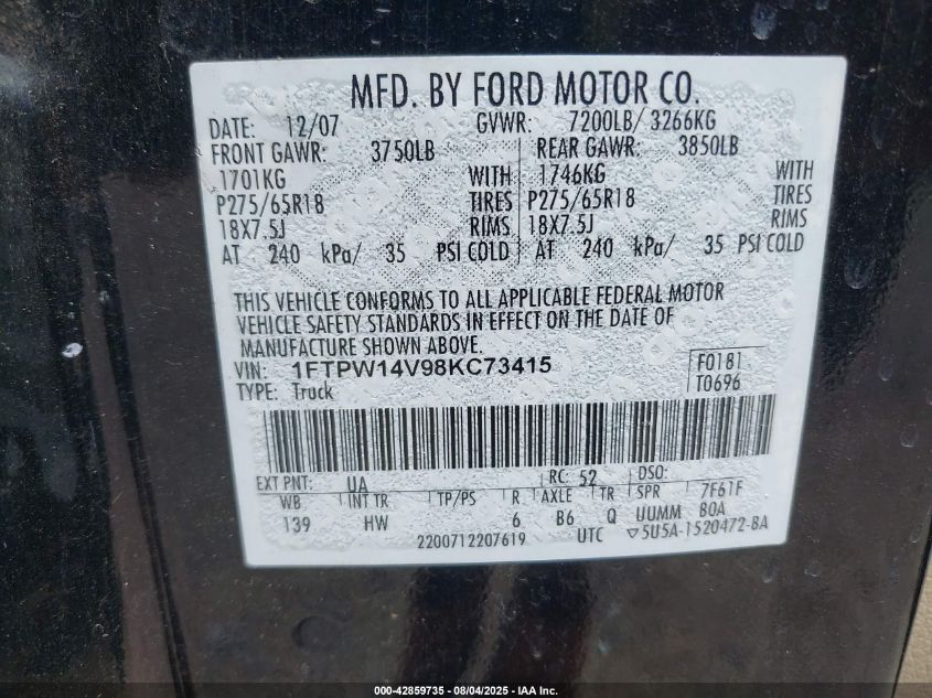 2008 Ford F-150 Lariat VIN: 1FTPW14V98KC73415 Lot: 42859735