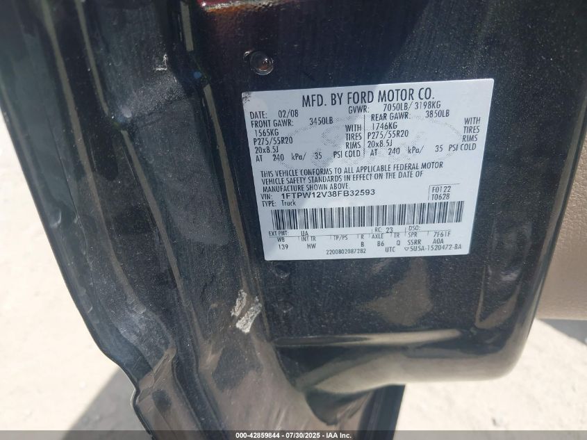 2008 Ford F-150 60Th Anniversary/Fx2/King Ranch/Lariat/Xlt VIN: 1FTPW12V38FB32593 Lot: 42859844