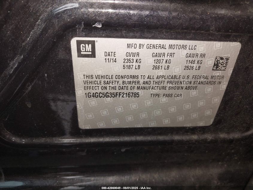 2015 Buick Lacrosse Leather VIN: 1G4GC5G35FF216785 Lot: 42860049