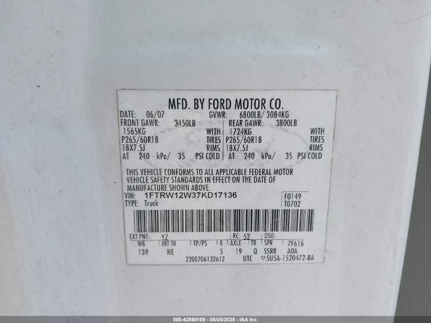 2007 Ford F-150 Xlt VIN: 1FTRW12W37KD17136 Lot: 42860108