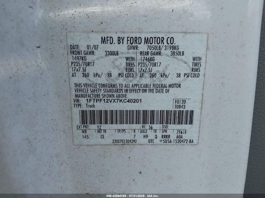 2007 Ford F-150 Xl/Xlt VIN: 1FTPF12VX7KC40201 Lot: 42860165