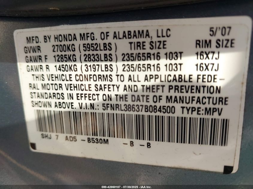 2007 Honda Odyssey Ex-L VIN: 5FNRL38637B084500 Lot: 42860187