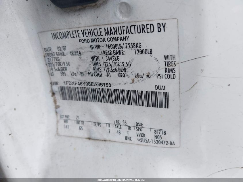 2008 Ford F-450 Chassis Xl/Xlt VIN: 1FDXF46Y08EA36153 Lot: 42860248