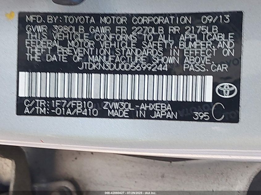 2013 Toyota Prius Two VIN: JTDKN3DU0D5699244 Lot: 42860427