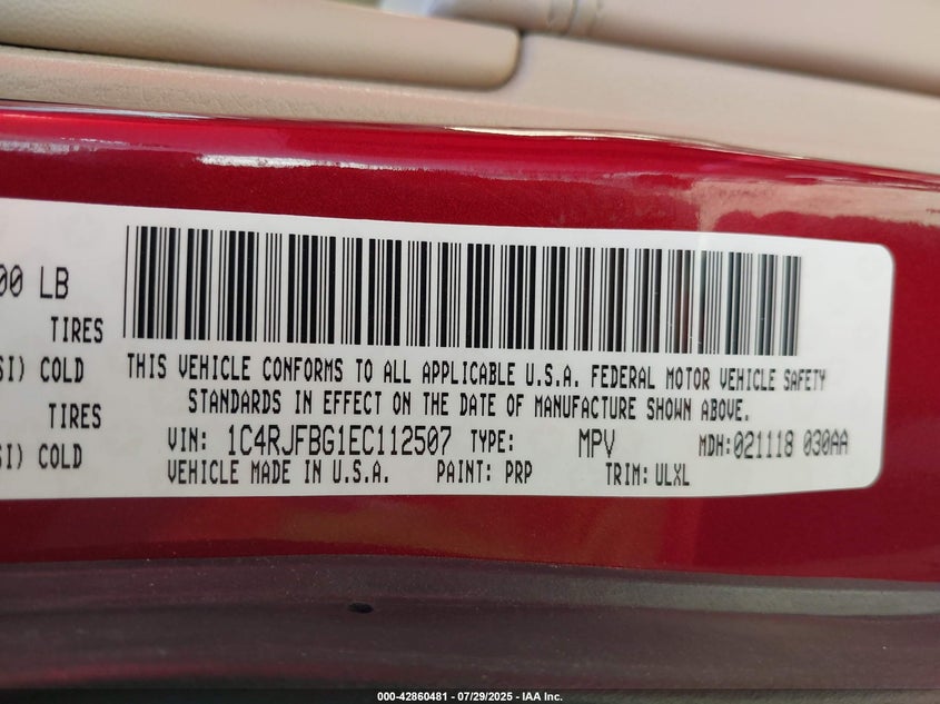 2014 Jeep Grand Cherokee Limited VIN: 1C4RJFBG1EC112507 Lot: 42860481