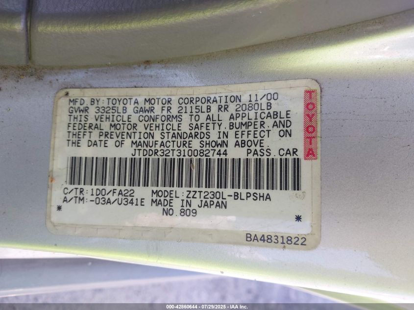 2001 Toyota Celica Gt VIN: JTDDR32T310082744 Lot: 42860644