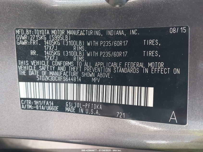 2015 Toyota Sienna L 7 Passenger VIN: 5TDZK3DCXFS644814 Lot: 42860677
