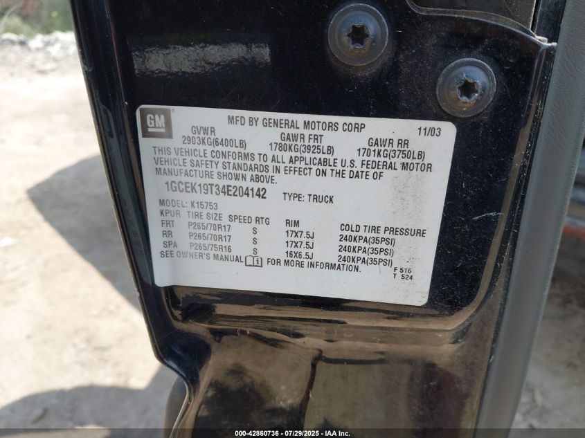2004 Chevrolet Silverado 1500 Z71 VIN: 1GCEK19T34E204142 Lot: 42860736