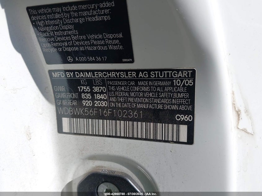 2006 Mercedes-Benz Slk 350 VIN: WDBWK56F16F102361 Lot: 42860788