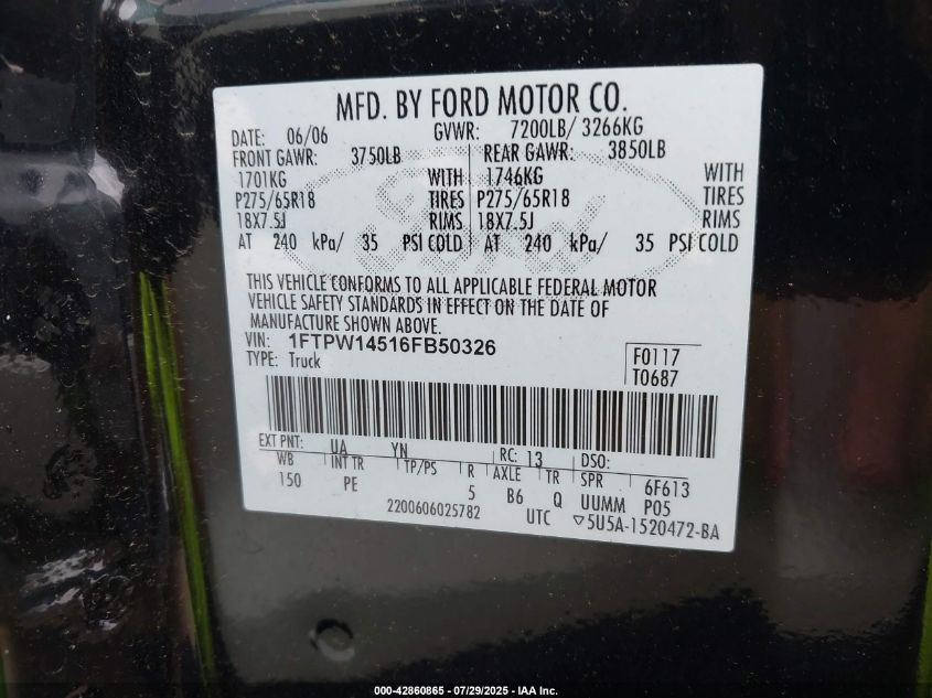2006 Ford F-150 Fx4/Lariat/Xlt VIN: 1FTPW14516FB50326 Lot: 42860865