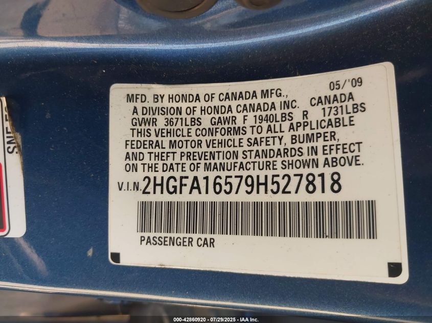 2009 Honda Civic Lx VIN: 2HGFA16579H527818 Lot: 42860920
