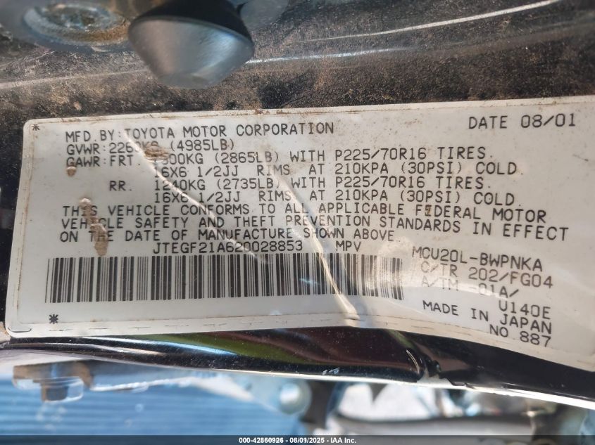 2002 Toyota Highlander V6 VIN: JTEGF21A620028853 Lot: 42860926