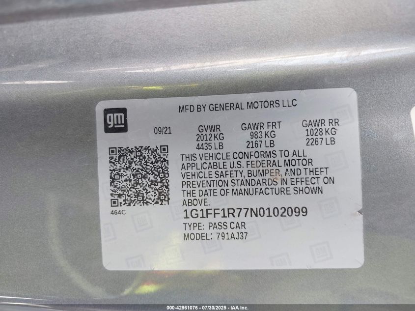 2022 Chevrolet Camaro Rwd Lt1 VIN: 1G1FF1R77N0102099 Lot: 42861076