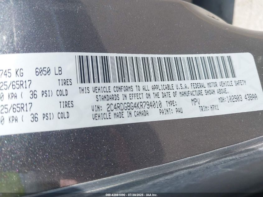 2019 Dodge Grand Caravan Se VIN: 2C4RDGBG4KR794010 Lot: 42861090