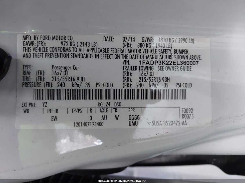 2014 FORD FOCUS SE - 1FADP3K22EL360007