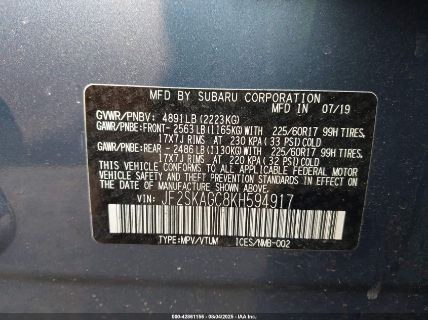 2019 Subaru Forester Premium VIN: JF2SKAGC8KH594917 Lot: 42861156