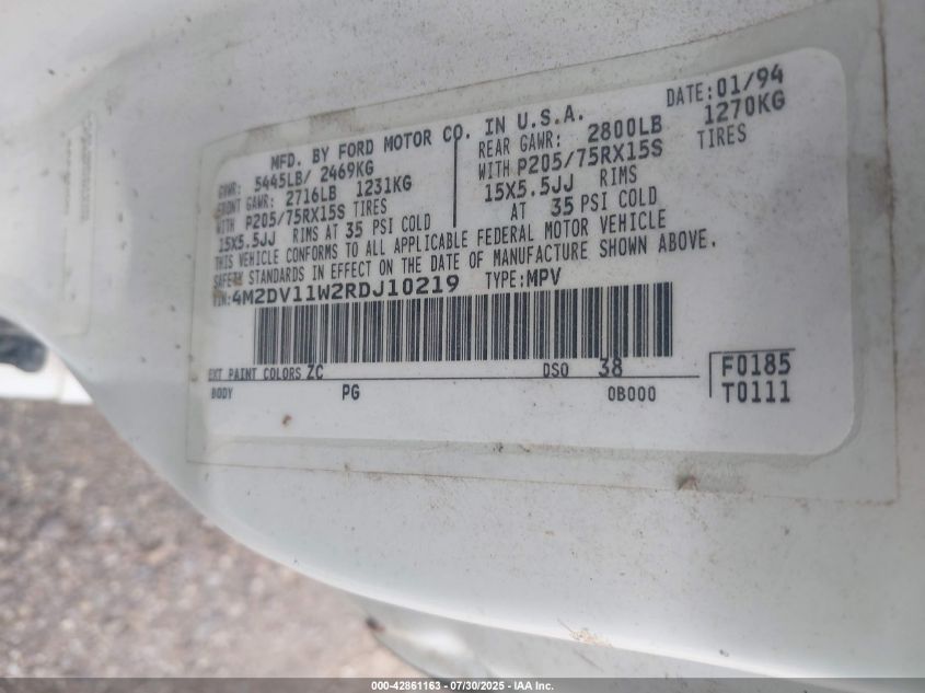 1994 Mercury Villager VIN: 4M2DV11W2RDJ10219 Lot: 42861163