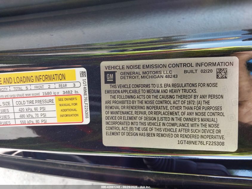 2020 GMC Sierra 2500Hd 4Wd Standard Bed Slt VIN: 1GT49NE76LF225308 Lot: 42861248