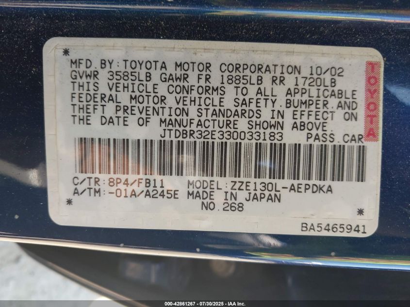 2003 Toyota Corolla Ce VIN: JTDBR32E330033183 Lot: 42861267