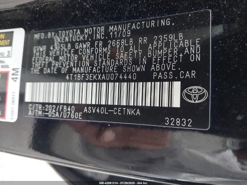 2010 Toyota Camry Le VIN: 4T1BF3EKXAU074440 Lot: 42861314