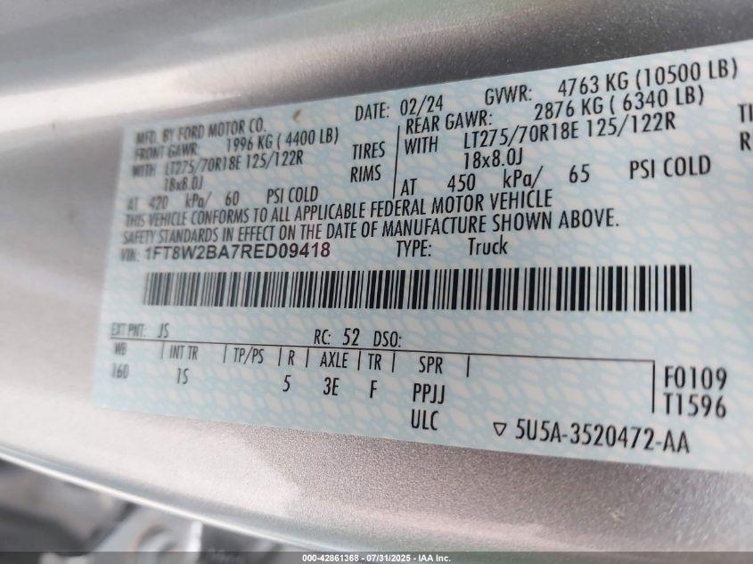 2024 Ford F-250 Xl VIN: 1FT8W2BA7RED09418 Lot: 42861368