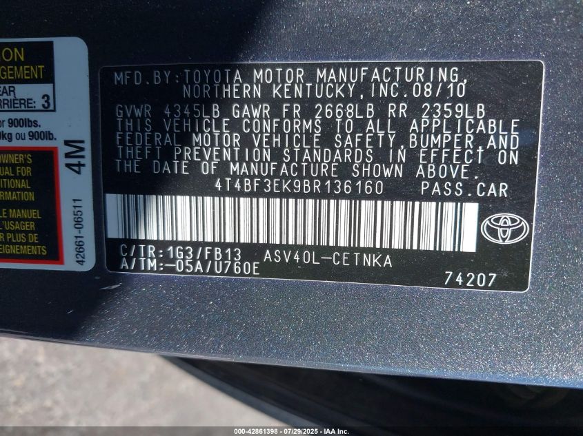 2011 Toyota Camry Le VIN: 4T4BF3EK9BR136160 Lot: 42861398