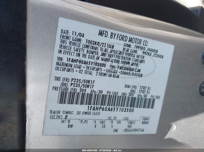 2005 Ford Thunderbird 50Th Anniversary VIN: 1FAHP60A65Y103500 Lot: 42861465