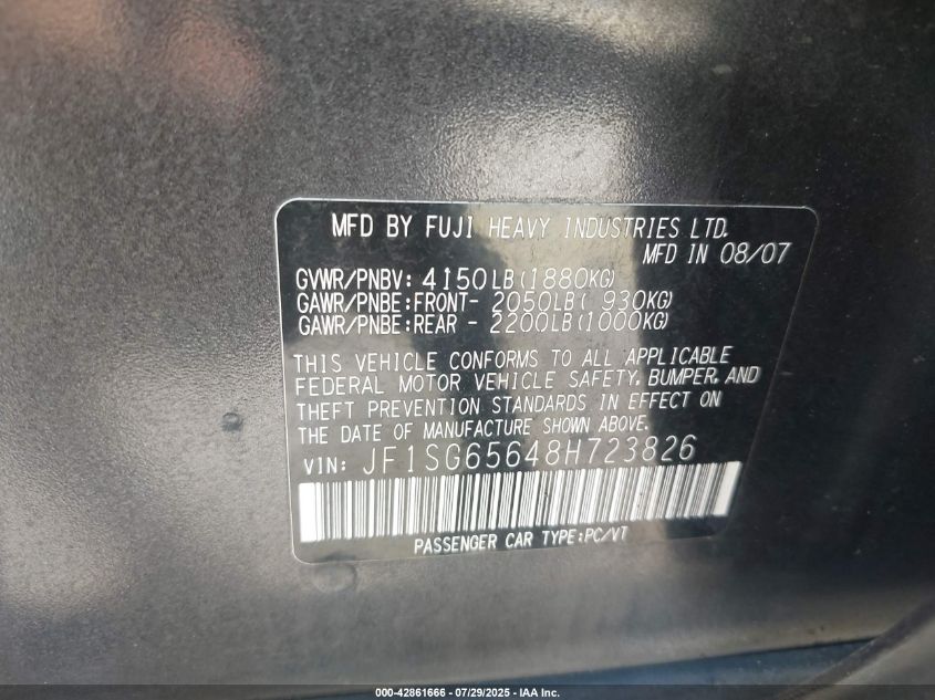 2008 Subaru Forester 2.5X VIN: JF1SG65648H723826 Lot: 42861666