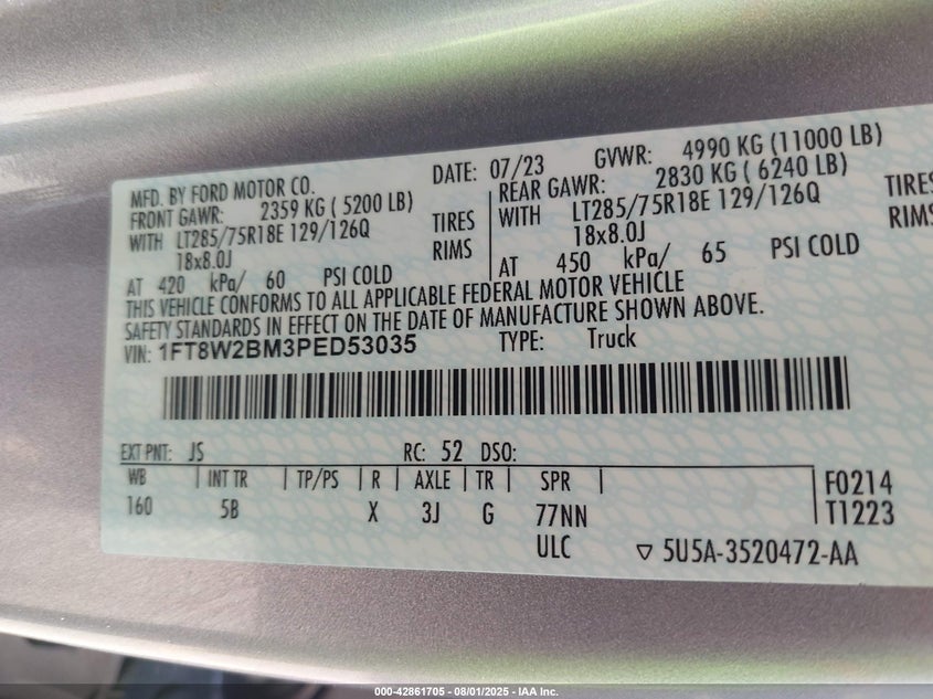 2023 Ford F-250 Lariat VIN: 1FT8W2BM3PED53035 Lot: 42861705