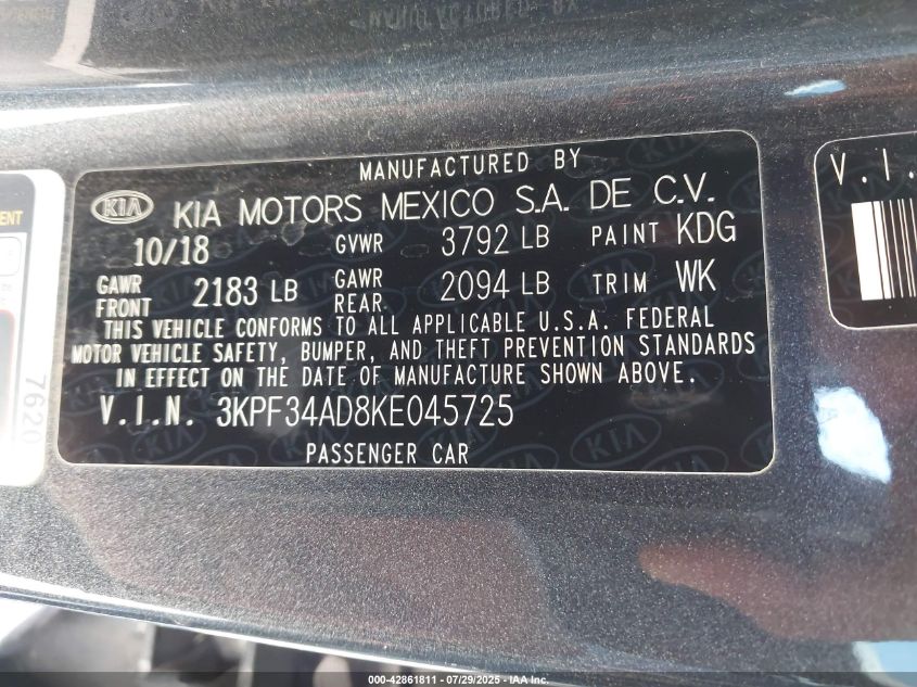 2019 Kia Forte S VIN: 3KPF34AD8KE045725 Lot: 42861811