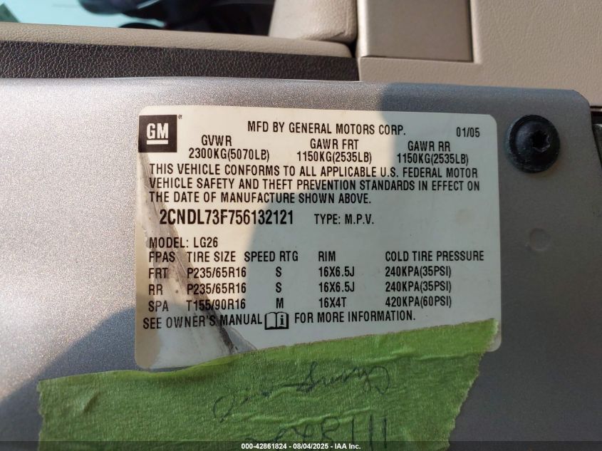 2005 Chevrolet Equinox Lt VIN: 2CNDL73F75613212 Lot: 42861824