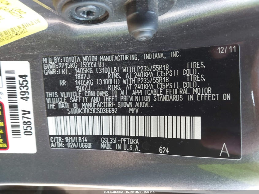 2012 Toyota Sienna Xle 7 Passenger VIN: 5TDDK3DC9CS036692 Lot: 42861841