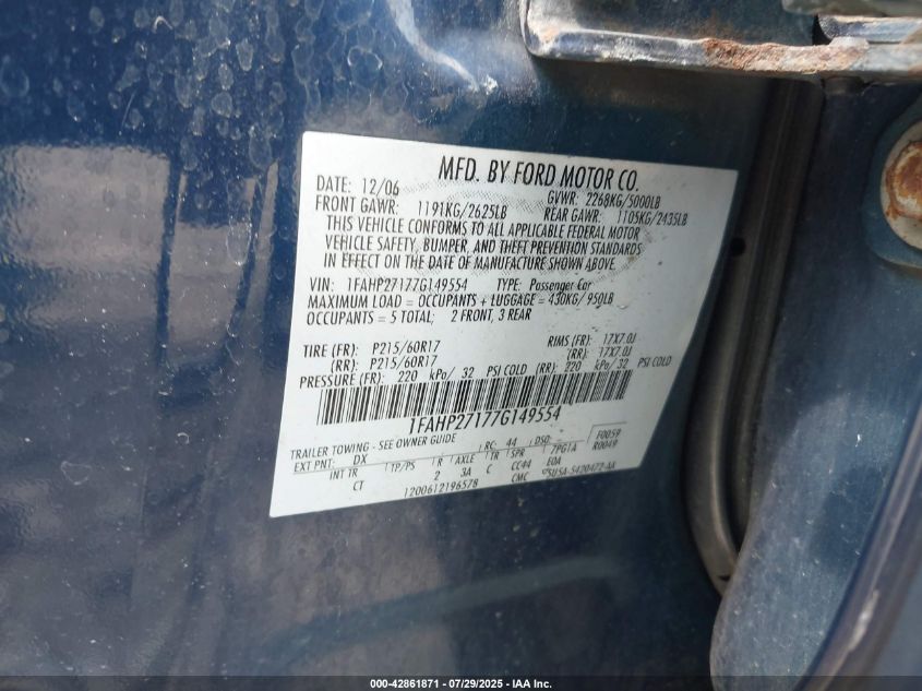 2007 Ford Five Hundred Sel VIN: 1FAHP27177G149554 Lot: 42861871