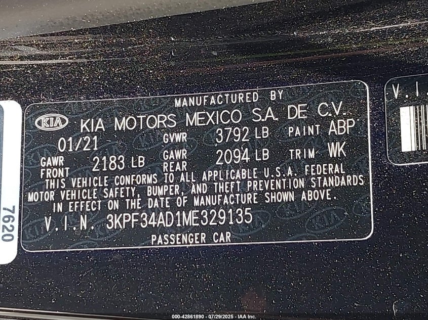 VIN 3KPF34AD1ME329135 2021 KIA FORTE GT-LINE