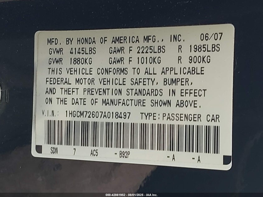 2007 Honda Accord 2.4 Ex VIN: 1HGCM72607A018497 Lot: 42861952