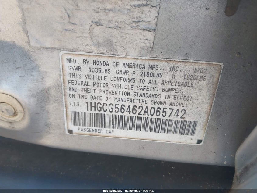 2002 Honda Accord 2.3 Lx VIN: 1HGCG56462A065742 Lot: 42862037
