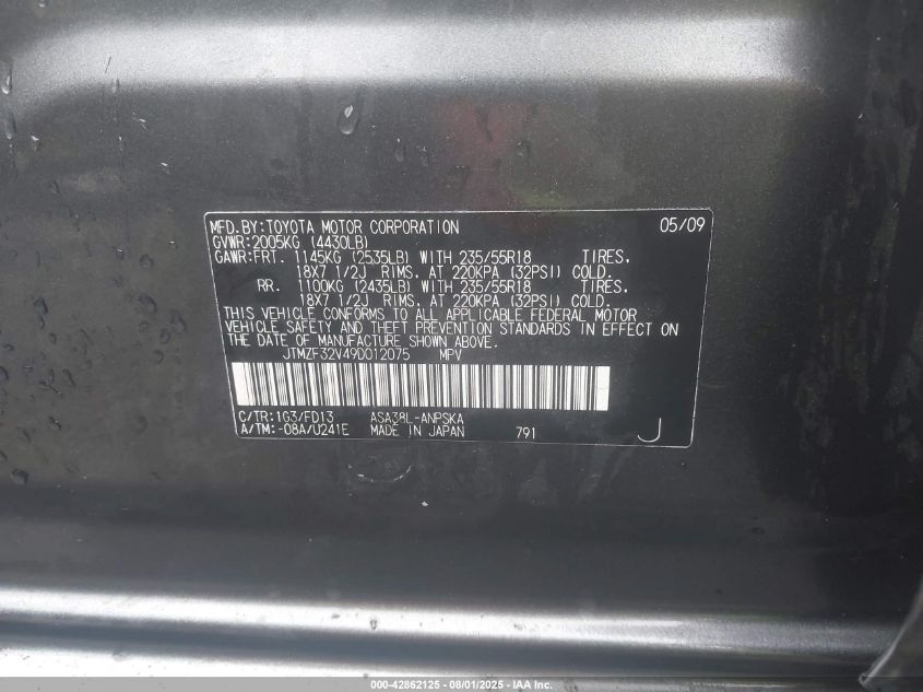2009 Toyota Rav4 Sport VIN: JTMZF32V49D012075 Lot: 42862125
