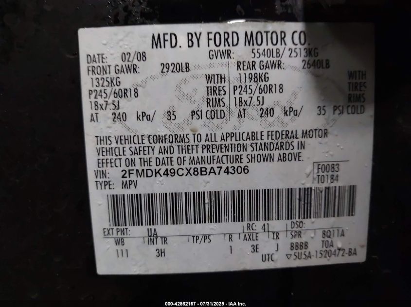 2008 Ford Edge Limited VIN: 2FMDK49CX8BA74306 Lot: 42862167