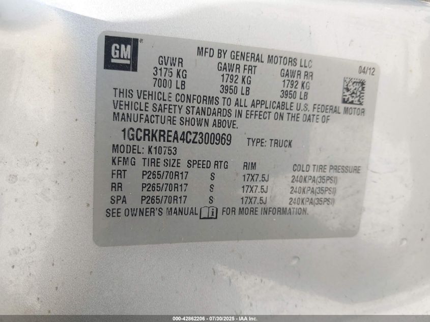 2012 Chevrolet Silverado VIN: 1GVRKREA4CZ300969 Lot: 42862206