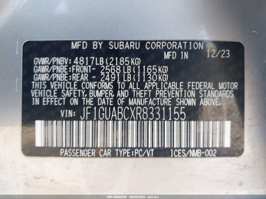 2024 Subaru Impreza Base 5-Door VIN: JF1GUABCXR8331155 Lot: 42862258