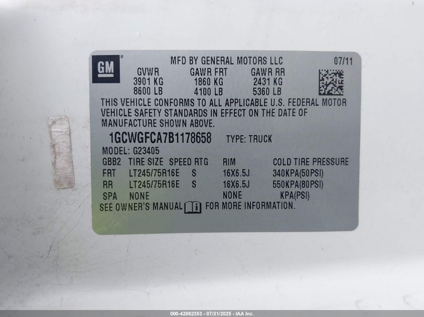 2011 Chevrolet Express 2500 Work Van VIN: 1GCWGFCA7B1178658 Lot: 42862353