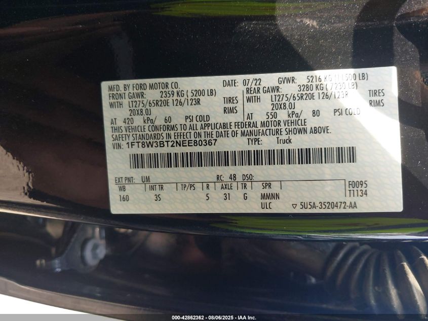 2022 Ford F-350 Xlt VIN: 1FT8W3BT2NEE80367 Lot: 42862362