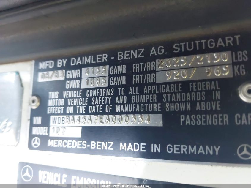 1984 Mercedes-Benz 380 Sl VIN: WDBBA45A7EA000334 Lot: 42862429