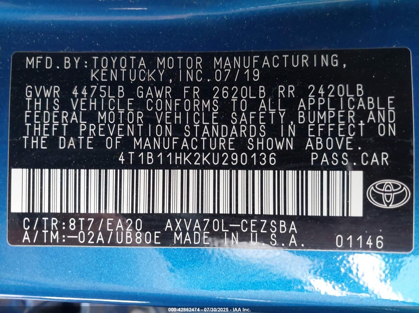 2019 Toyota Camry Se VIN: 4T1B11HK2KU290136 Lot: 42862474