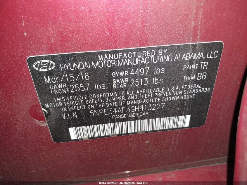 2016 Hyundai Sonata Limited VIN: 5NPE34AF3GH413227 Lot: 42862557